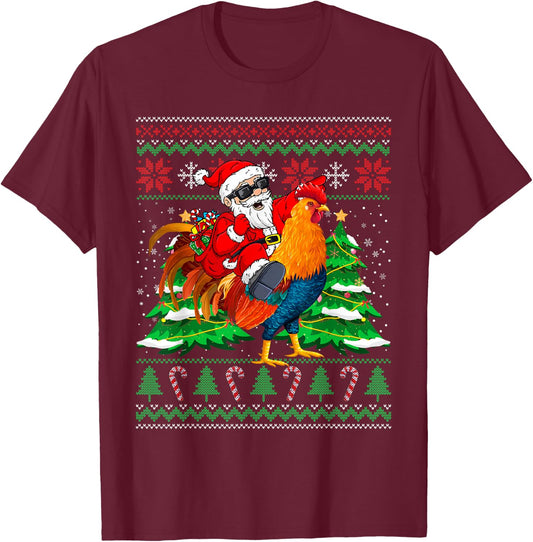 Santa With Rooster Christmas Tree Farmer Ugly Xmas Sweater T-Shirt - T-Shirt | Maroon