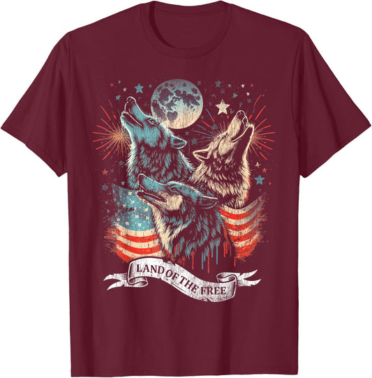 Wolf 4th of July American Flag Howling America Moon Funny Kids Men T-Shirt - T-Shirt | Maroon