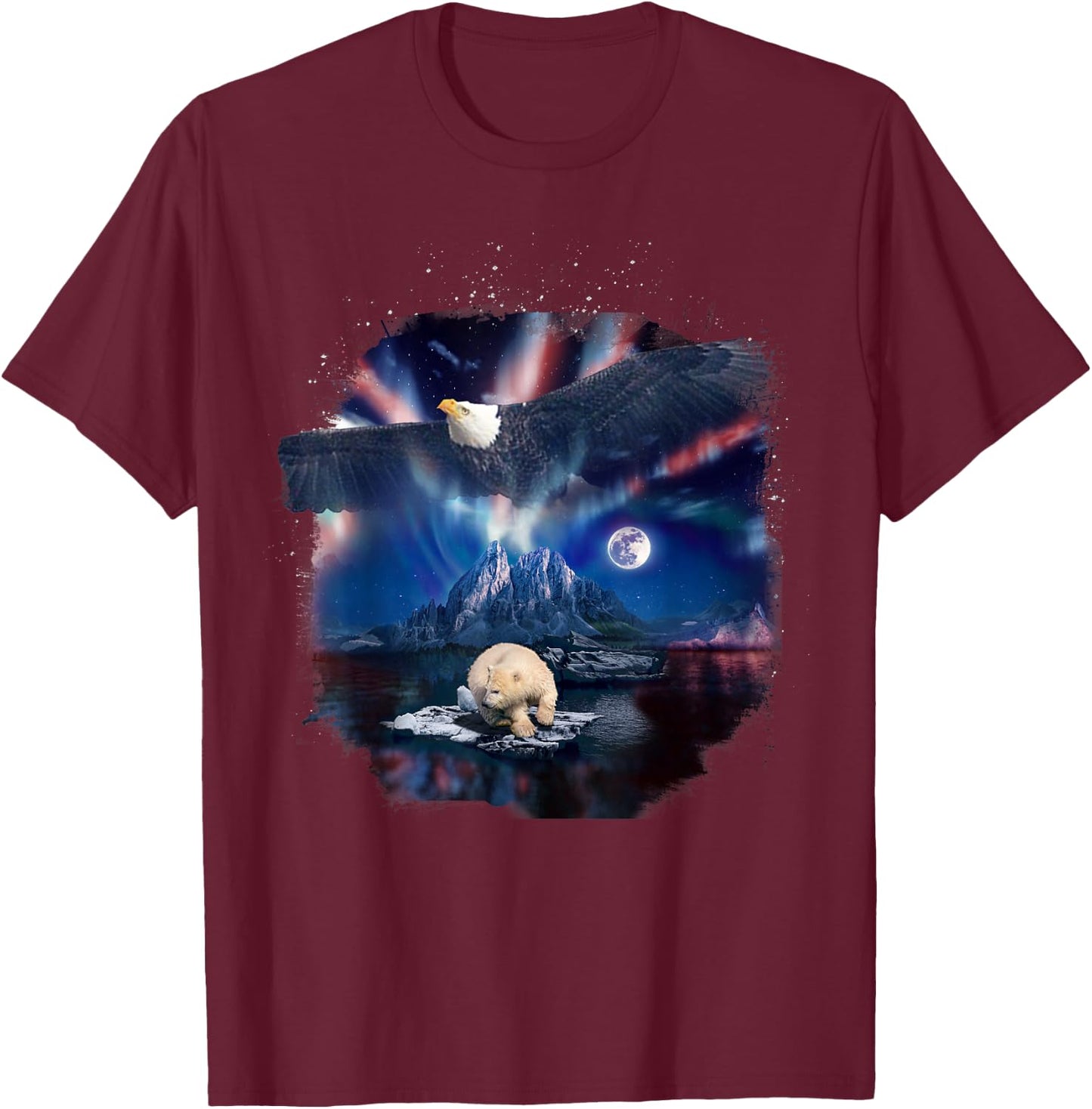 Polar Bear and Northern Eagle, Lights and Wildlife American T-Shirt - T-Shirt | Maroon