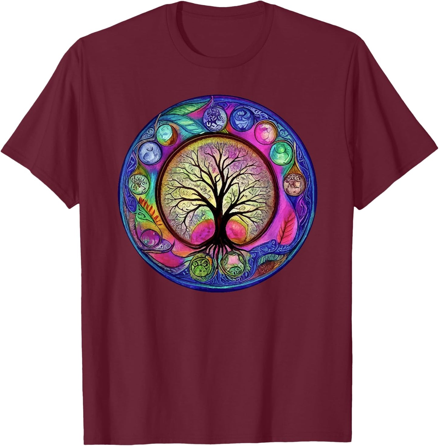Chakra Whimsical Fantasy Tree of Life T-Shirt - T-Shirt | Maroon
