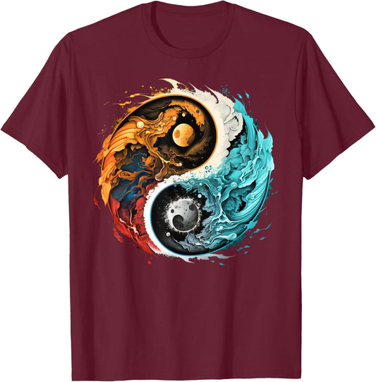 Colorful Taoism Yin Yang Splash on Zen Taijitu Yin Yang T-Shirt - T-Shirt | Maroon