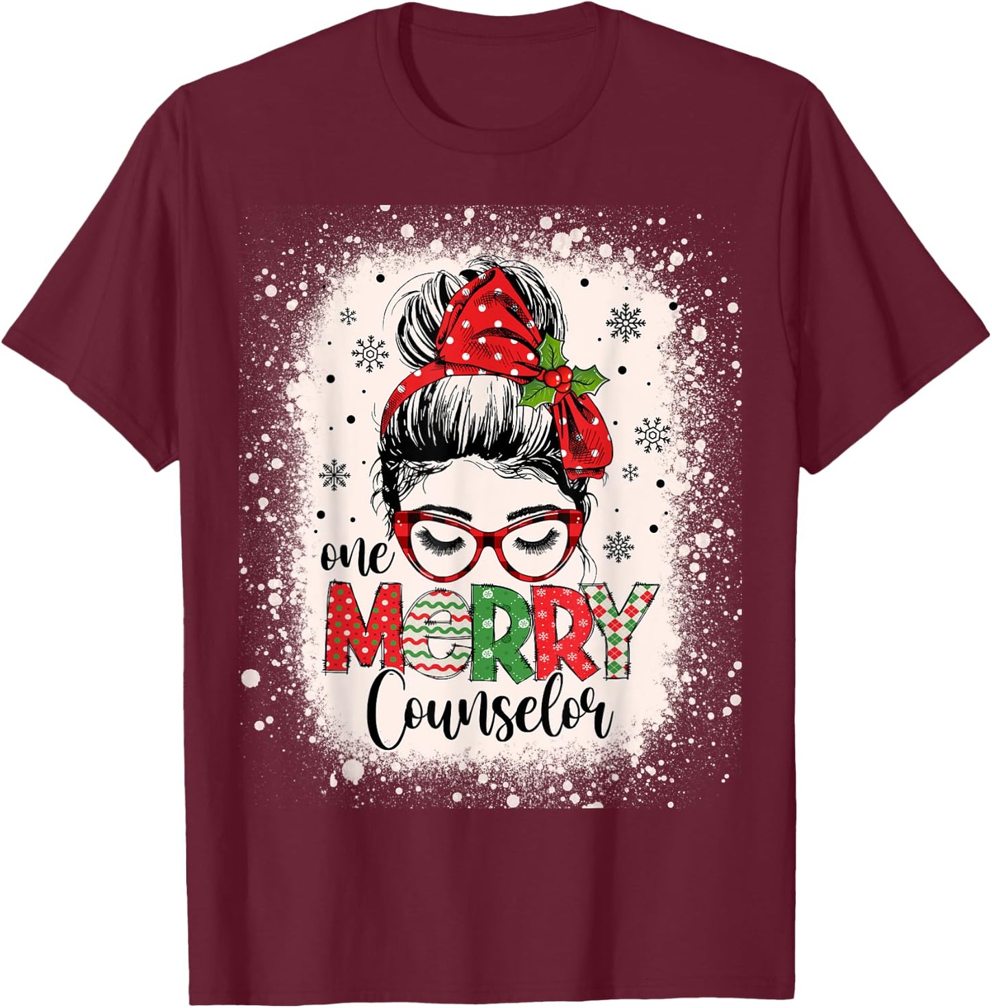 One Merry Counselor Messy Bun Christmas Counseling T-Shirt - T-Shirt | Maroon