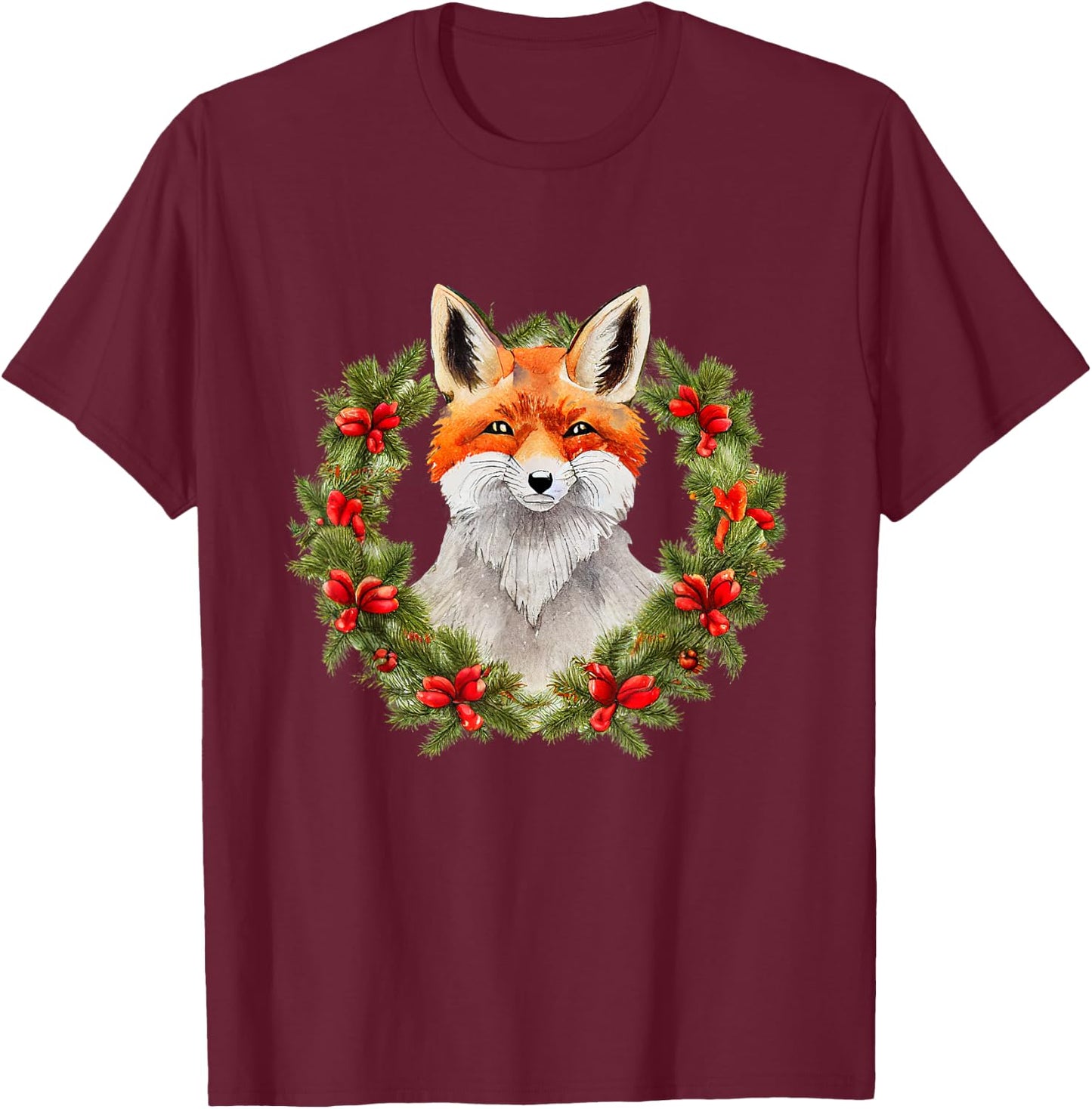 Merry xmas santa claus christmas wreath fox T-Shirt - T-Shirt | Maroon