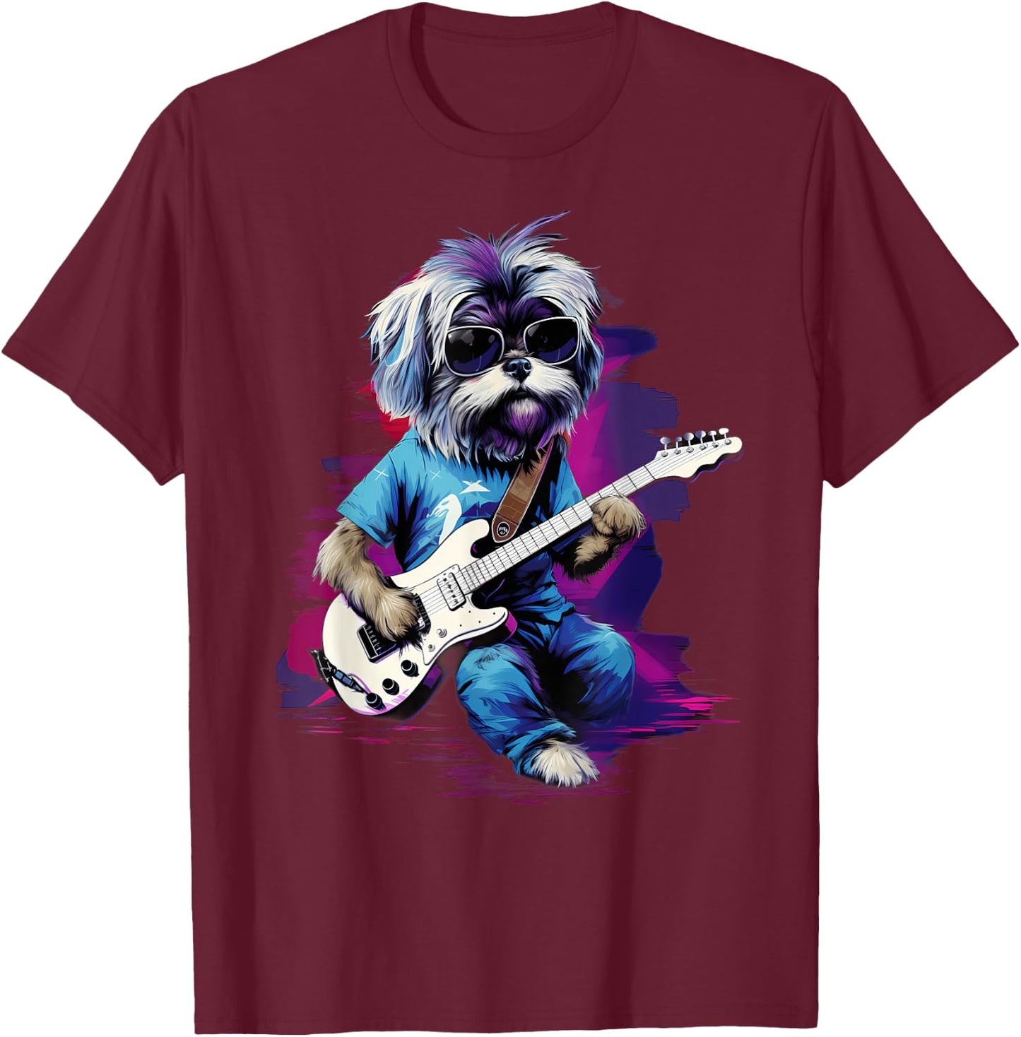 Punk Rock Guitar Shih Tzu Dog Guitarist Men Women Kids T-Shirt - T-Shirt | Maroon