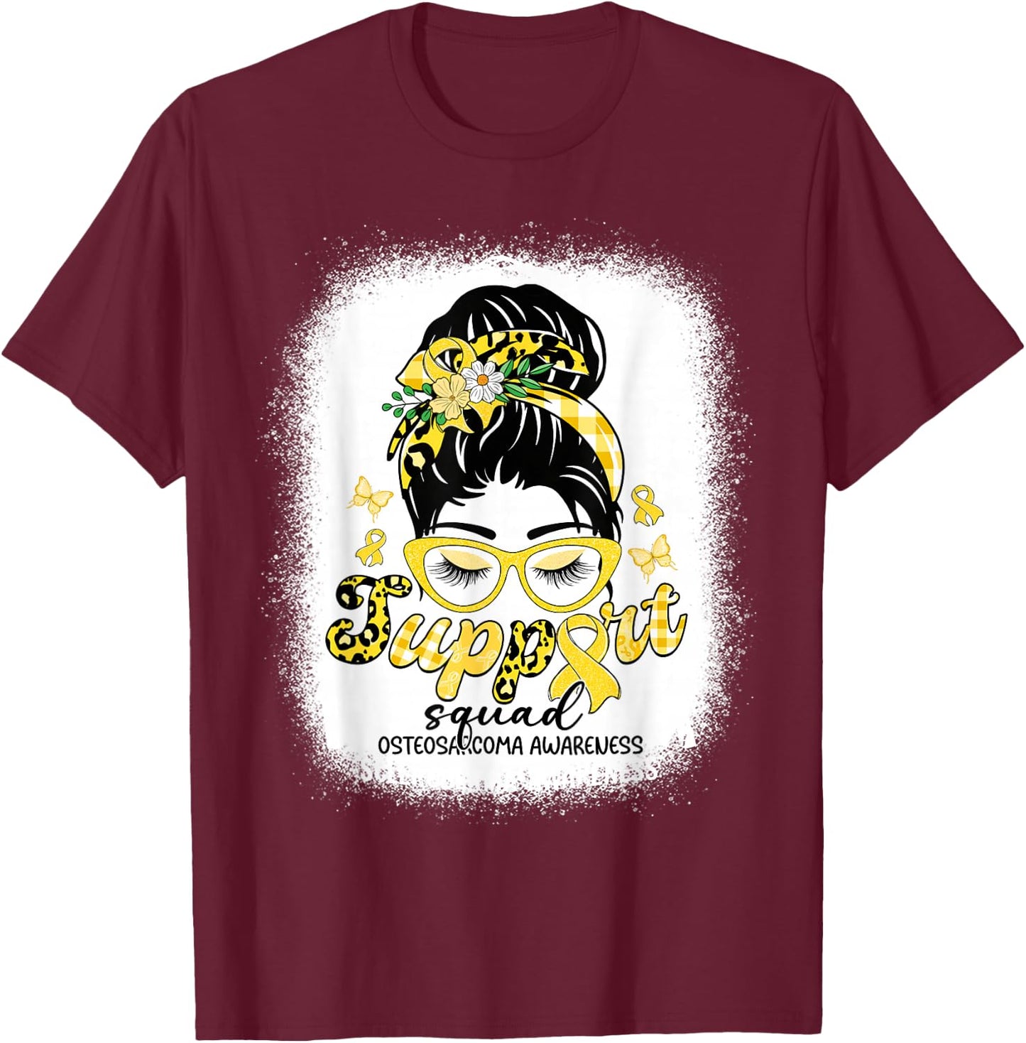 Support Squad Messy Bun Women Osteosarcoma Awareness T-Shirt - T-Shirt | Maroon