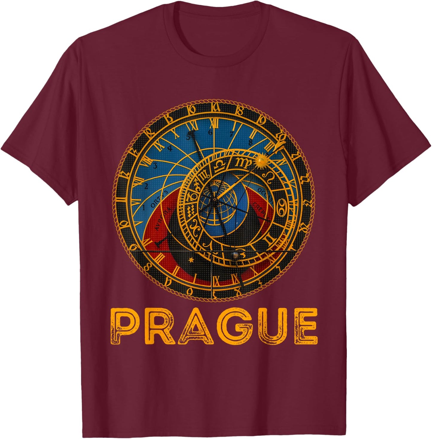 Prague Czech Republic Souvenir Astronomical Clock Prague T-Shirt - T-Shirt | Maroon