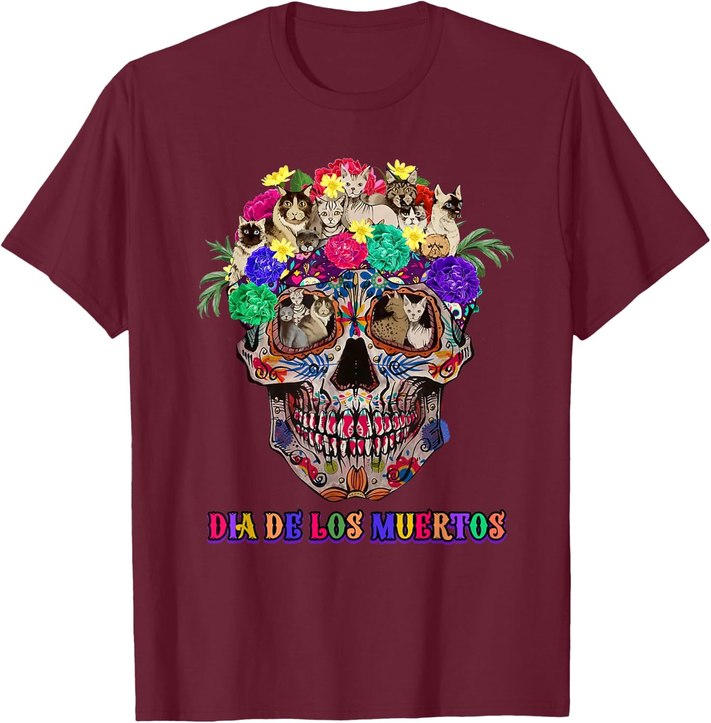 Dia De Los Muertos day of the-dead cat sugar skull T-Shirt - T-Shirt | Maroon