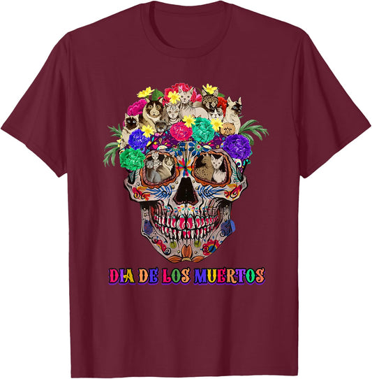 Dia De Los Muertos day of the-dead cat sugar skull T-Shirt - T-Shirt | Maroon