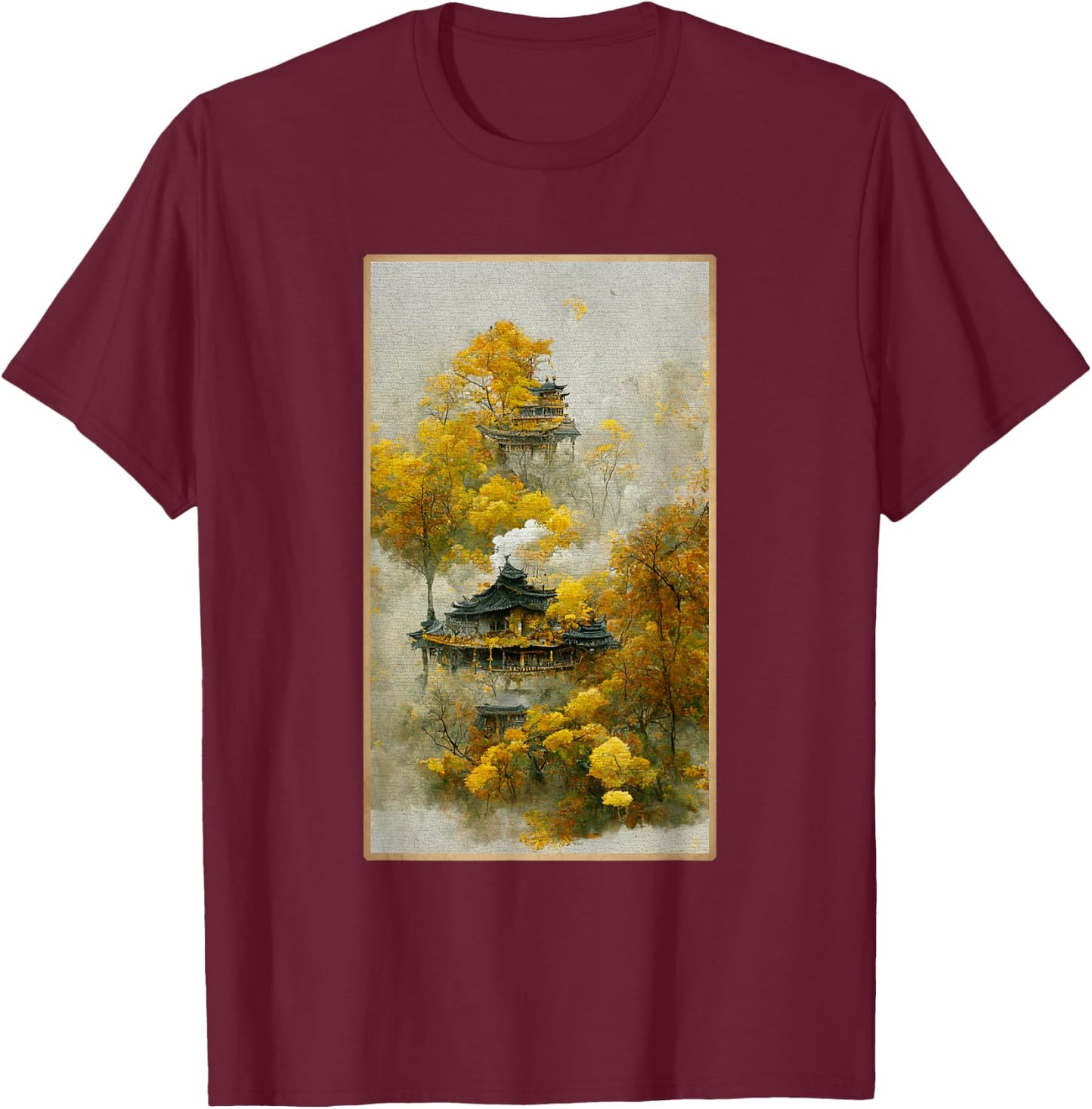 Forest Of Yellow Leaves With Penglai Pavilion In Trees T-Shirt - T-Shirt | Maroon