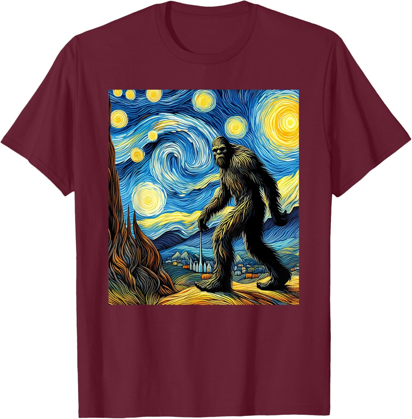 Funny Bigfoot Starry Night Sasquatch Van Gogh Sky Painting T-Shirt - T-Shirt | Maroon