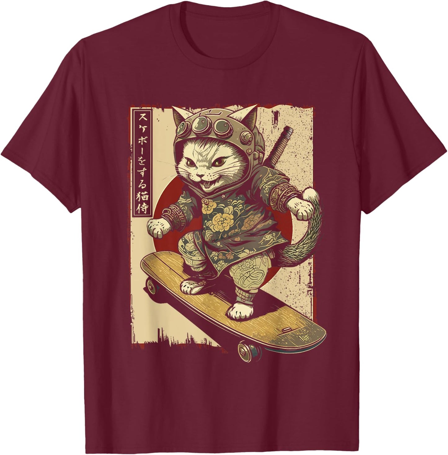 Japanese Skateboard Samurai Cat Tattoo Kawaii Ninja Cat Women T-Shirt - T-Shirt | Maroon