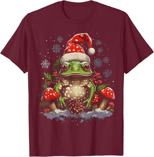 Christmas Frog Cottagecore Cute Mushroom Aesthetic X-mas T-Shirt - T-Shirt | Maroon