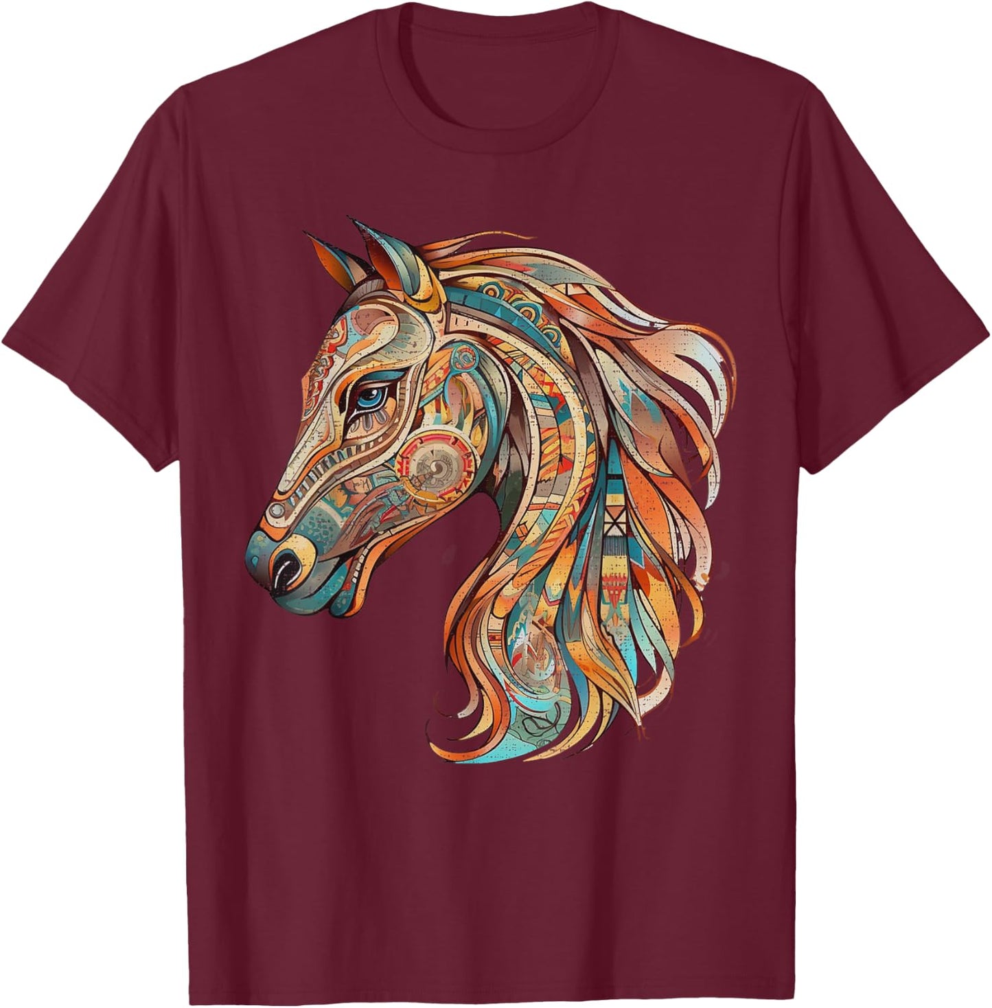 Horse Tribal Abstract Art Native American Geometric Horses T-Shirt - T-Shirt | Maroon