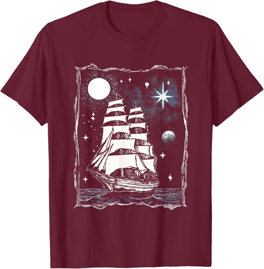 Vintage Nautical Tattoo Moon Clipper Ship T-Shirt - T-Shirt | Maroon