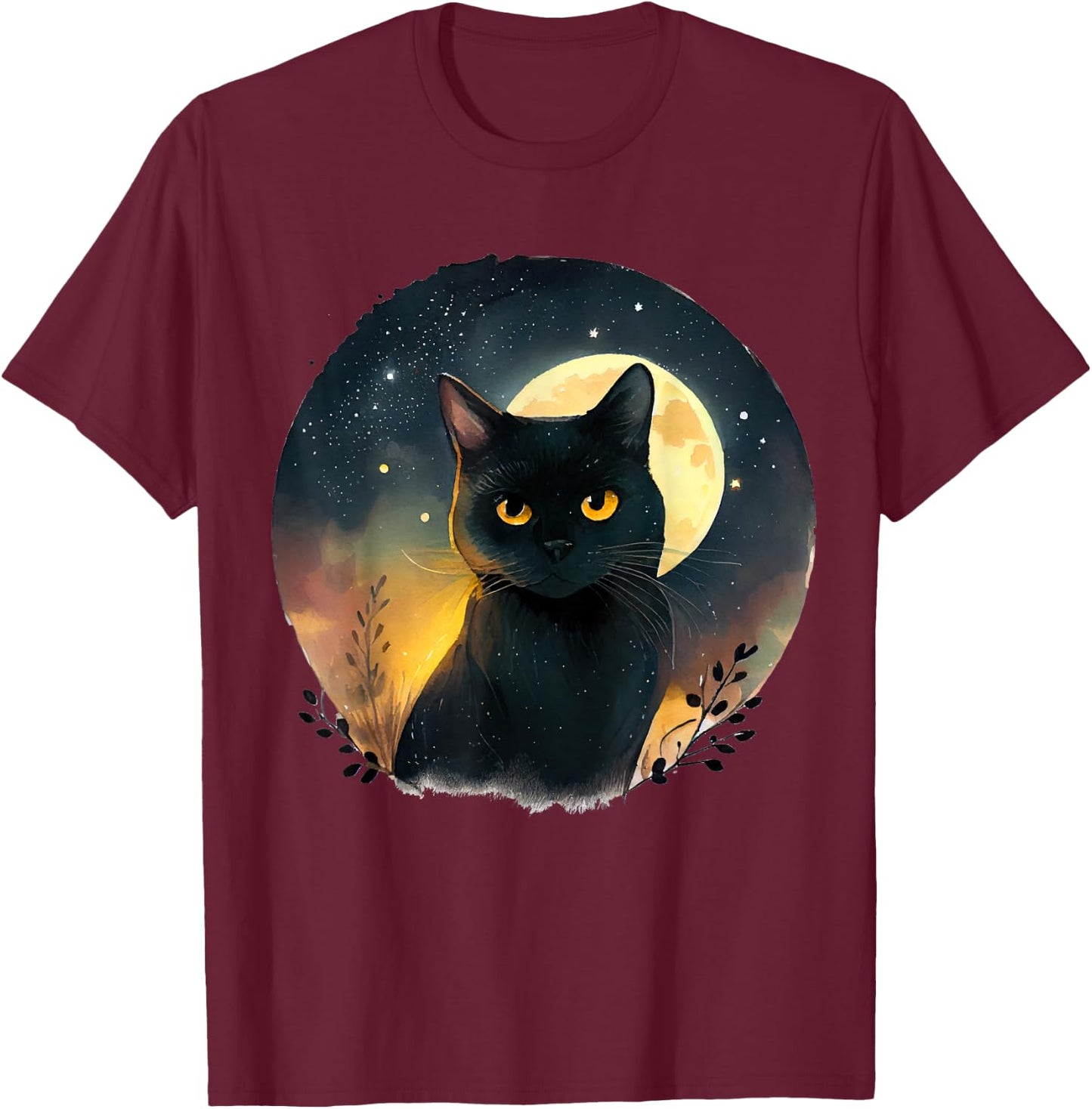 Cool Art Graphic Black Cat with Moon T-Shirt - T-Shirt | Maroon
