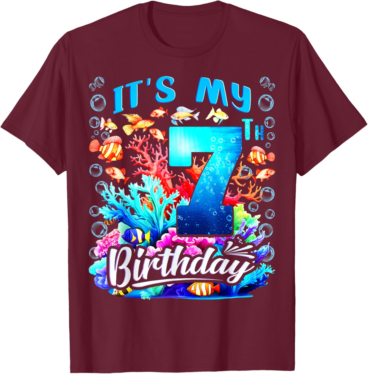 It's My 7th Birthday Boy Sea Fish Ocean Animals Aquarium T-Shirt - T-Shirt | Maroon