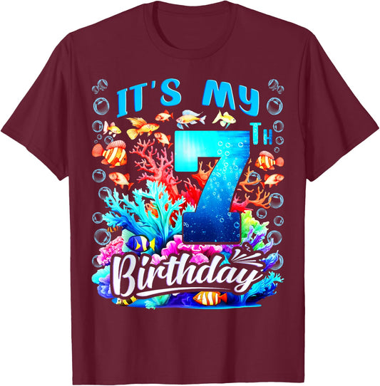 It's My 7th Birthday Boy Sea Fish Ocean Animals Aquarium T-Shirt - T-Shirt | Maroon