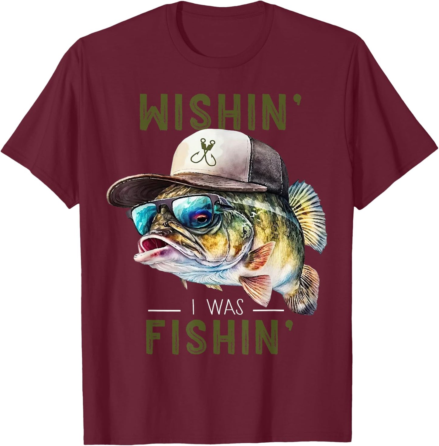 Wishin' Fishing Gift - Adults & Kids - Black - Short Sleeve - Fishing - Casual - - Size Small T-Shirt - T-Shirt | Maroon