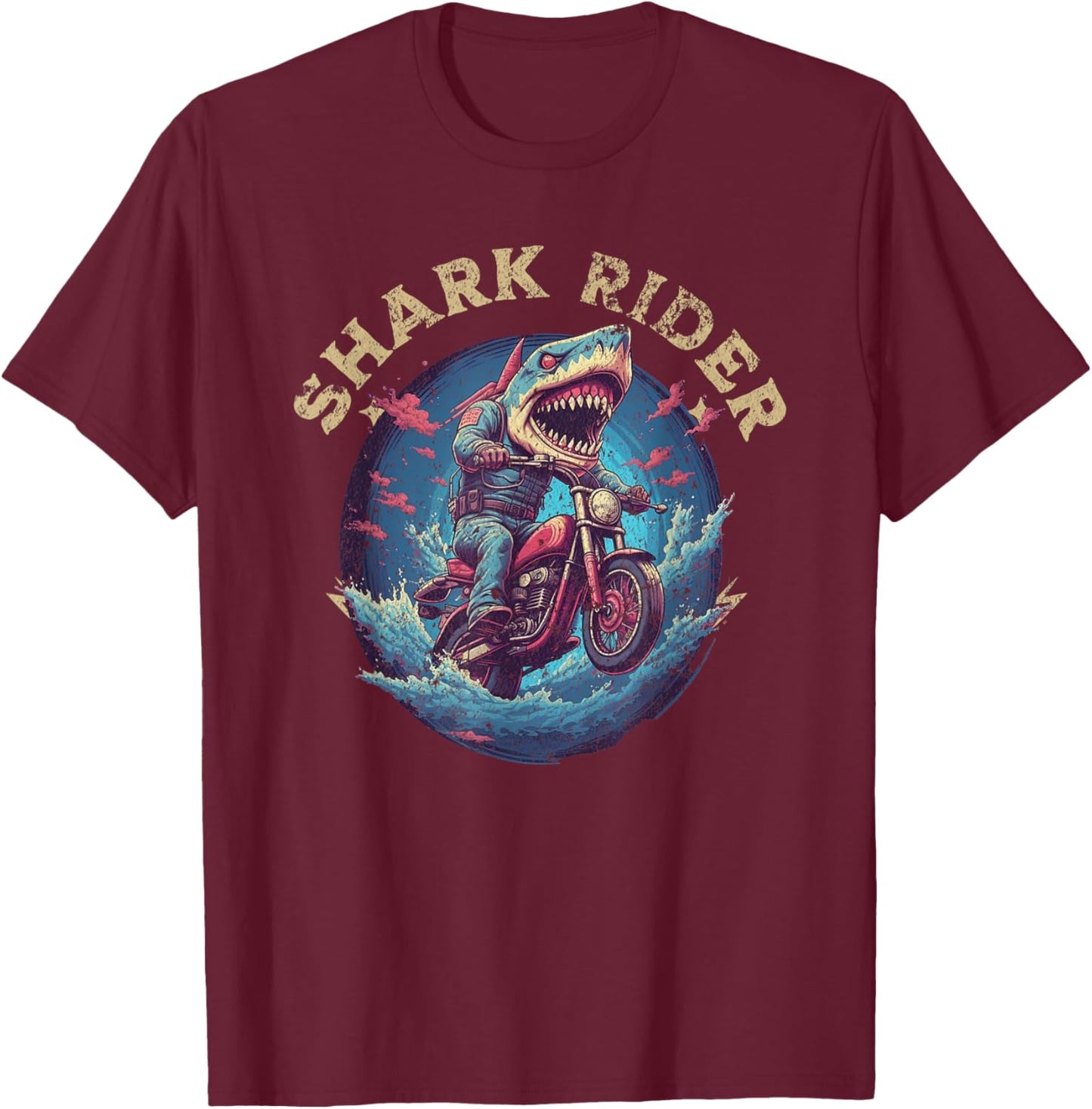 Funny Shark Rider Shark Head Riding on a Motorbike Lover T-Shirt - T-Shirt | Maroon