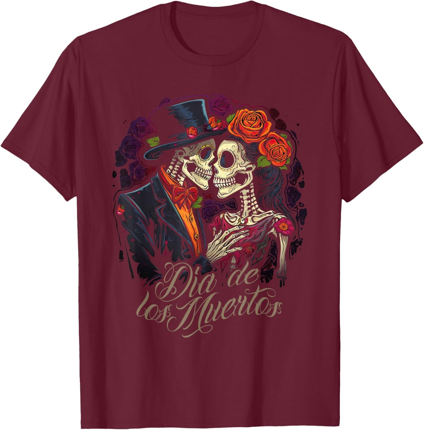 Dia De Los Muertos Day of the dead Dancing Skeleton Couple T-Shirt - T-Shirt | Maroon