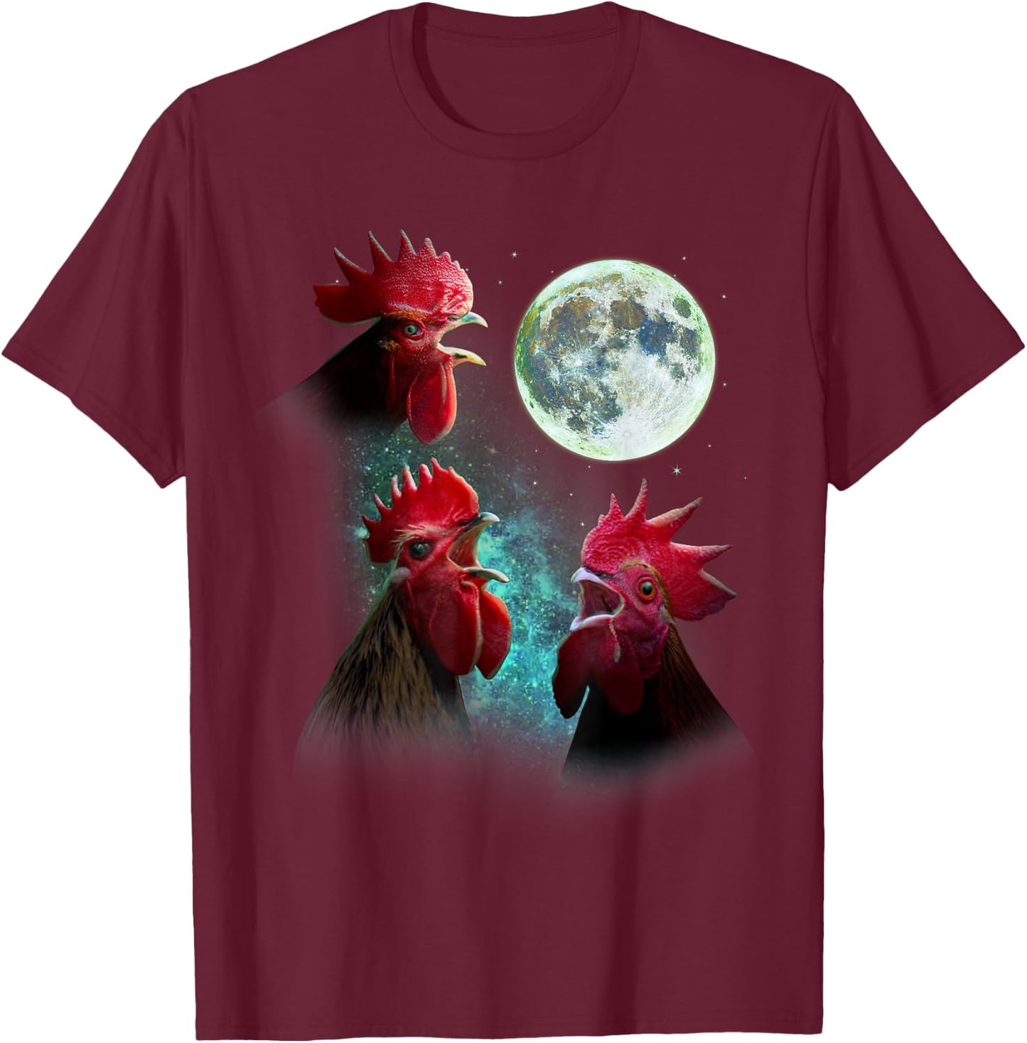 Three Rooster Chickens Howl At Moon 3 Wolfs Wolves Parody T-Shirt - T-Shirt | Maroon