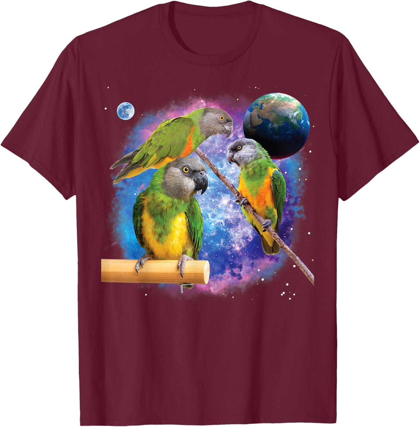 Senegal Parrots In Space, Funny Senegal Parrot T-Shirt - T-Shirt | Maroon