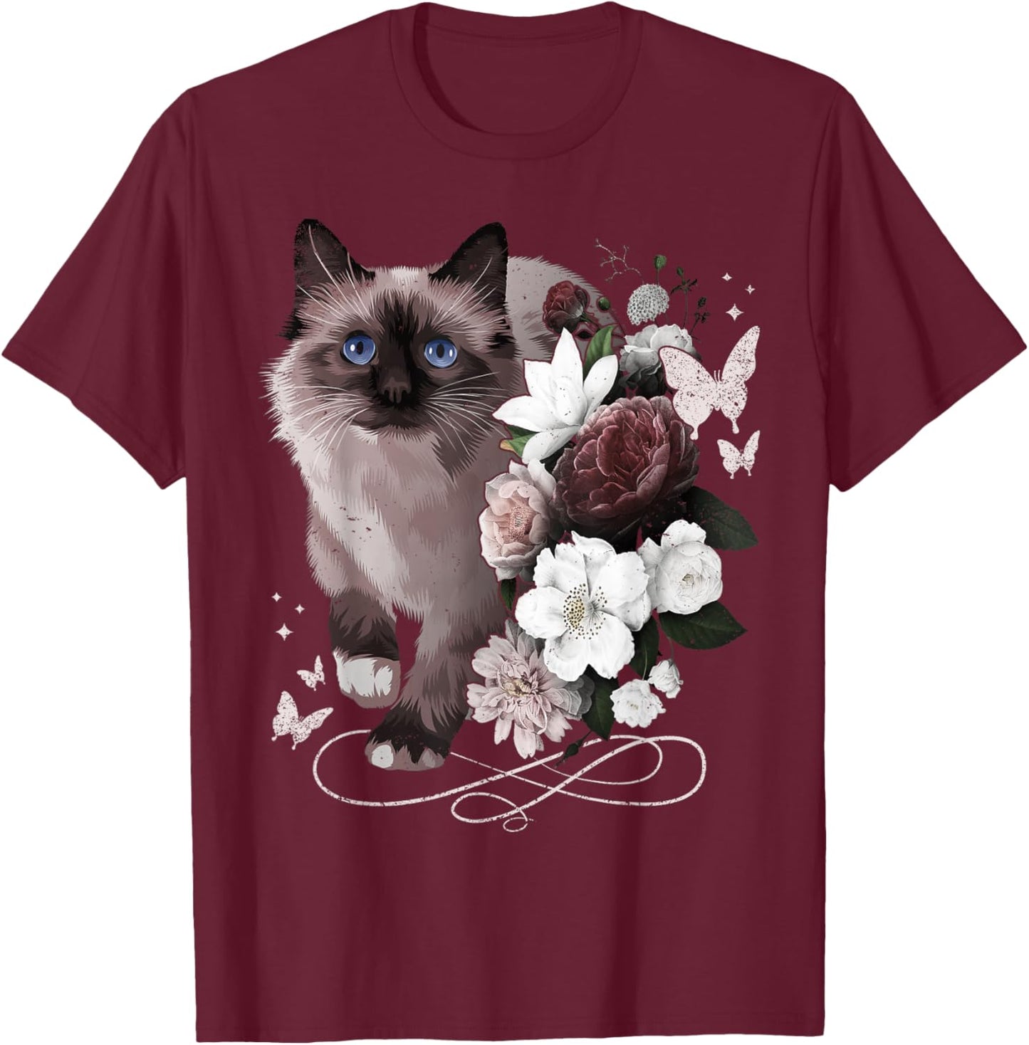 Siamese Cat with Flowers Vintage Look Floral Siamese Cat T-Shirt - T-Shirt | Maroon