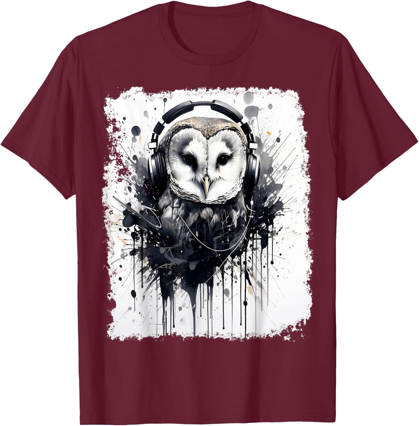 Ink Art Barn Owl Music T-Shirt - T-Shirt | Maroon