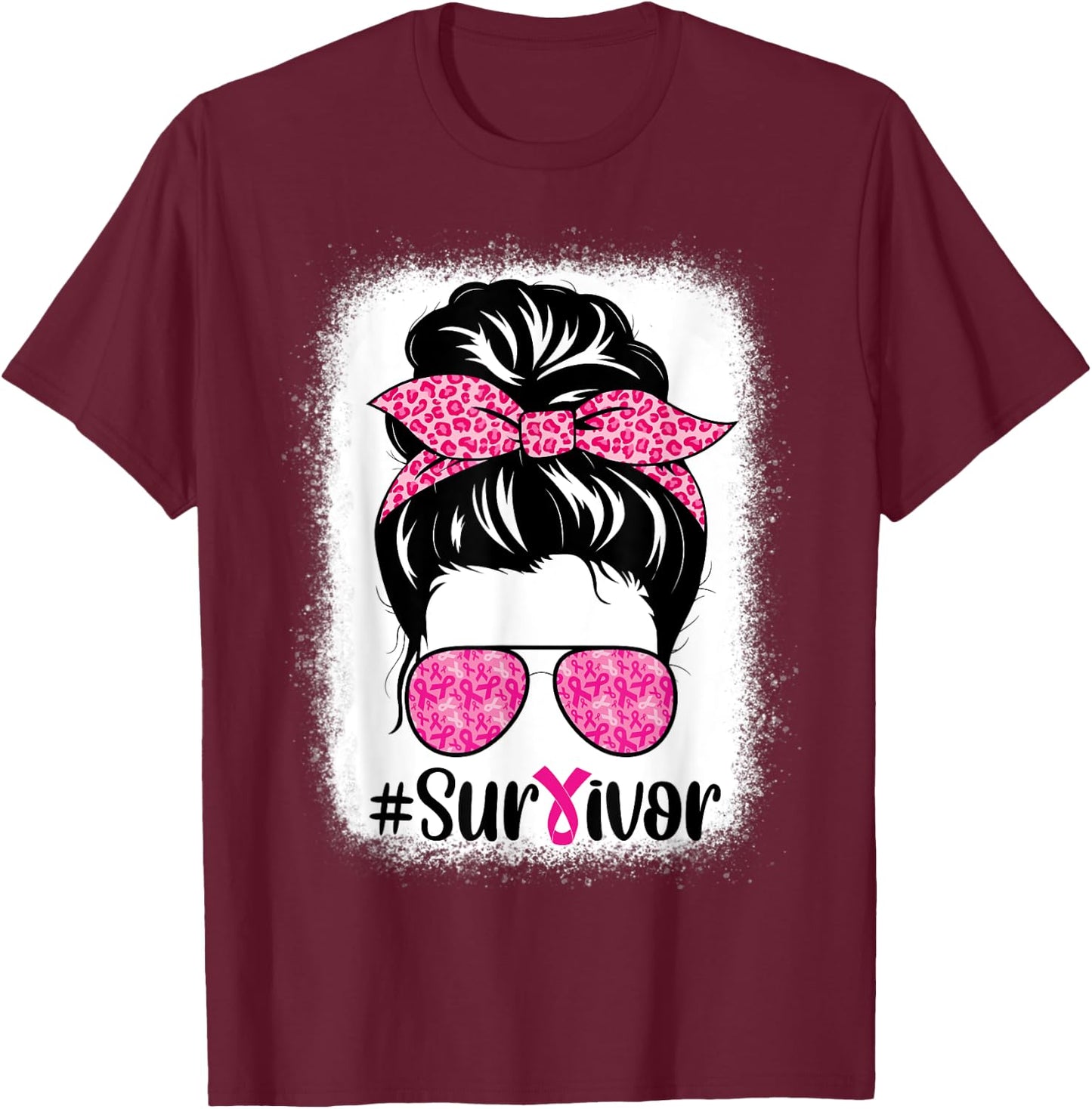 Survivor Breast Cancer Awareness Messy Bun Hair Bleached T-Shirt - T-Shirt | Maroon