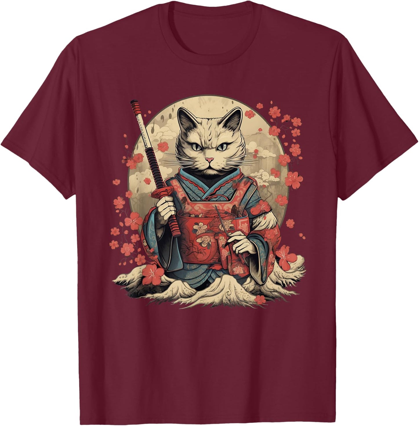 Vintage Japanese Samurai Ninja Cat Tattoo Kawaii T-Shirt - T-Shirt | Maroon