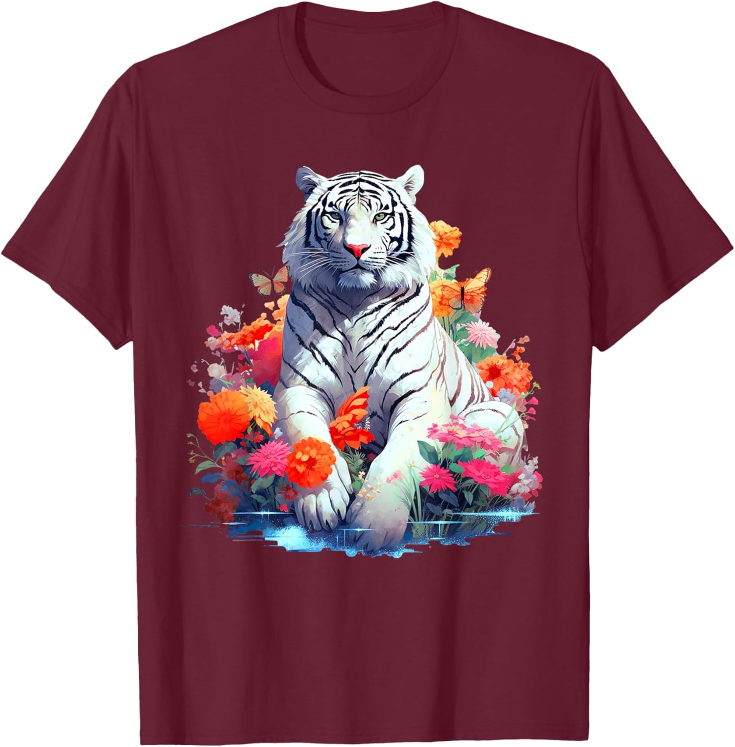Tiger in White - Flower Art - Animal Art Tiger T-Shirt - T-Shirt | Maroon