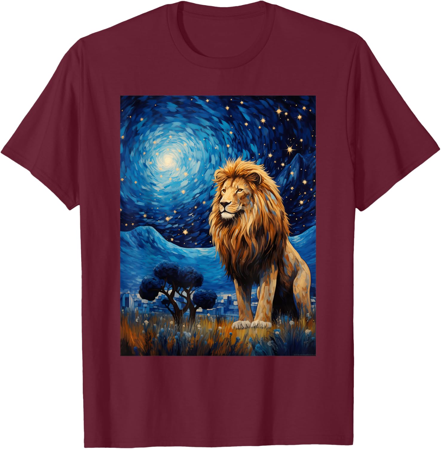 Lion Starry Night Van Gogh Style Graphic T-Shirt - T-Shirt | Maroon