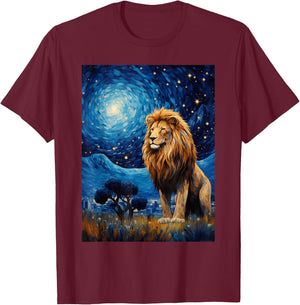 Lion Starry Night Van Gogh Style Graphic T-Shirt - T-Shirt | Maroon