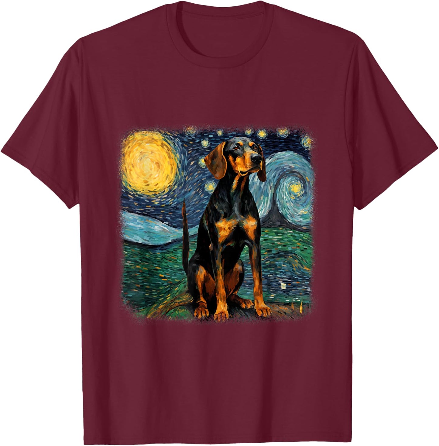 Dog in starry night van gogh Black and Tan Coonhound T-Shirt - T-Shirt | Maroon