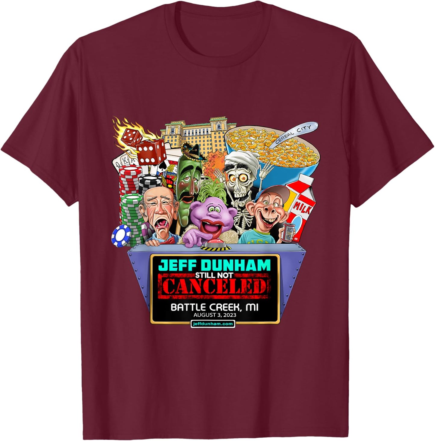 Jeff Dunham Battle Creek, MI (2023) T-Shirt - T-Shirt | Maroon