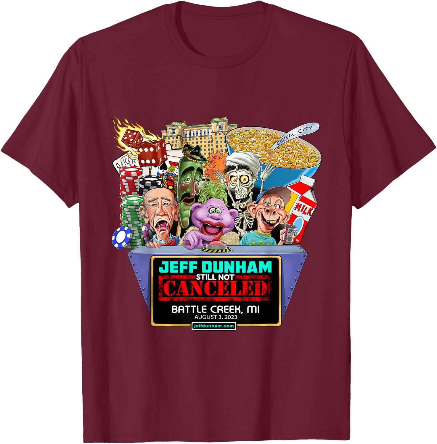 Jeff Dunham Battle Creek, MI (2023) T-Shirt - T-Shirt | Maroon