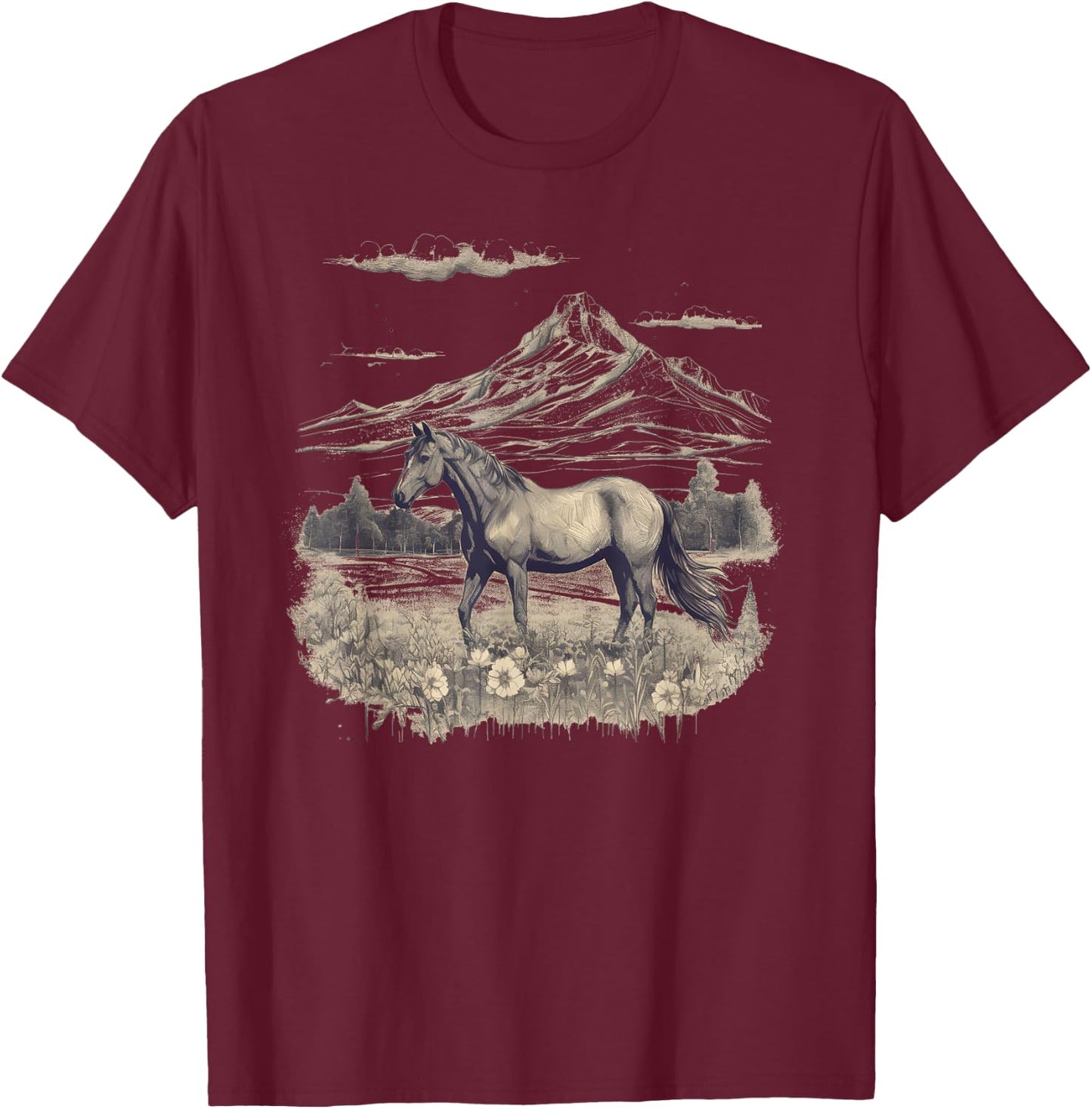 Horse Lover Gifts Women Teen Girls Wild Horse Art Portrait Black Small T-Shirt - T-Shirt | Maroon