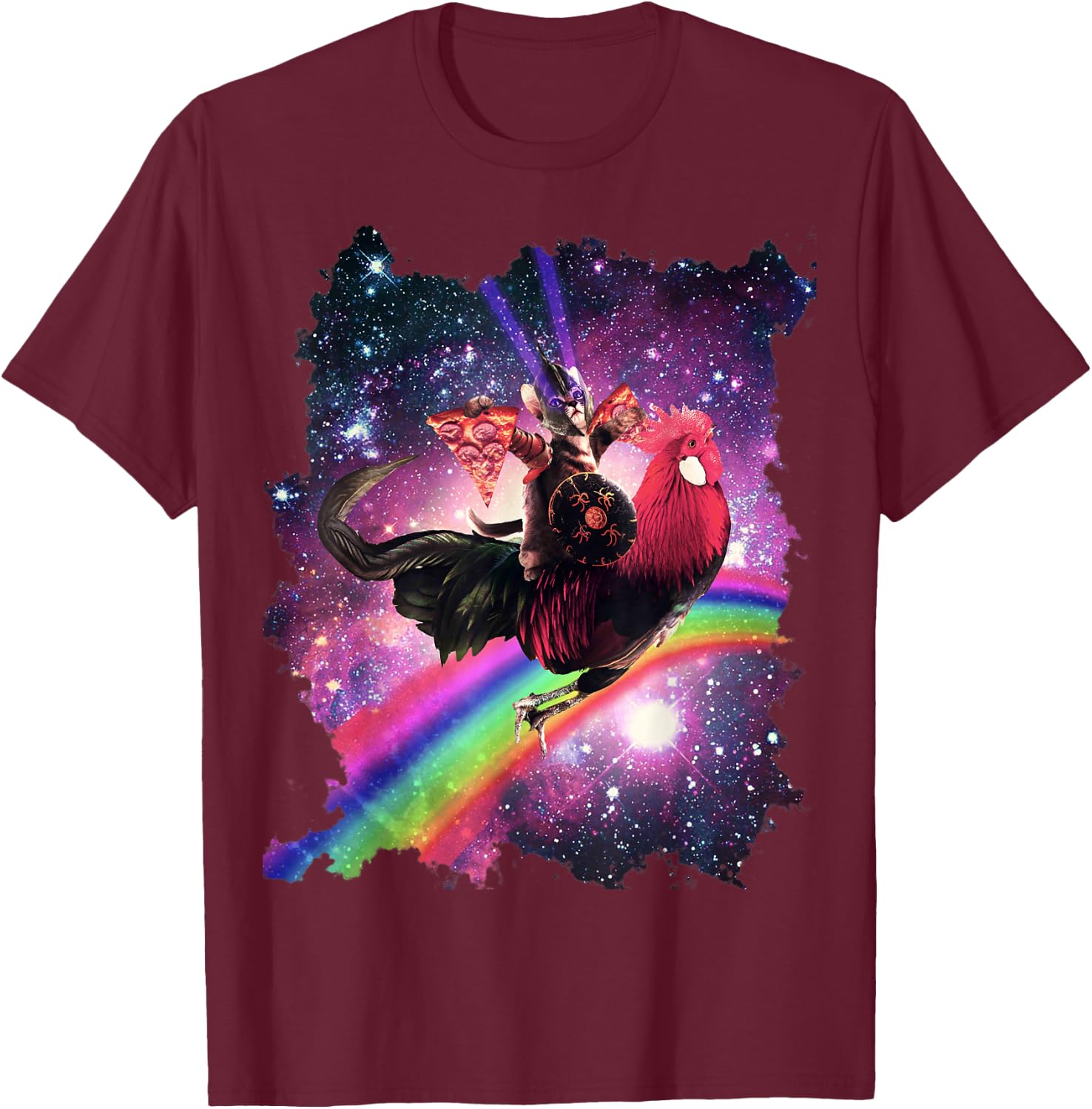 Lazer Warrior Space Cat Riding Chicken with Pizza T-Shirt - T-Shirt | Maroon