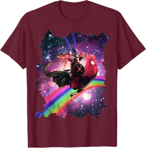 Lazer Warrior Space Cat Riding Chicken with Pizza T-Shirt - T-Shirt | Maroon