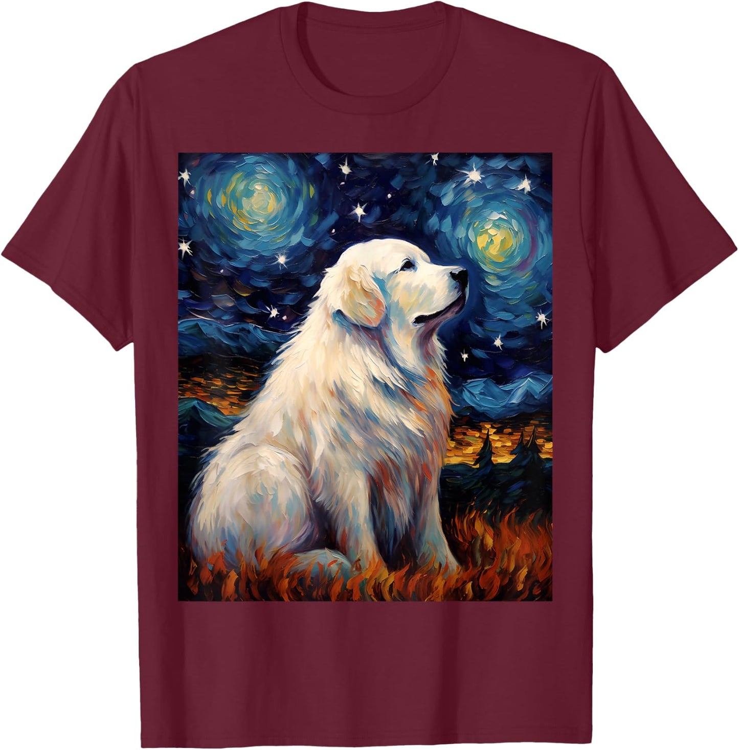 Surreal Starry Night Great Pyrenees Dog T-Shirt - T-Shirt | Maroon