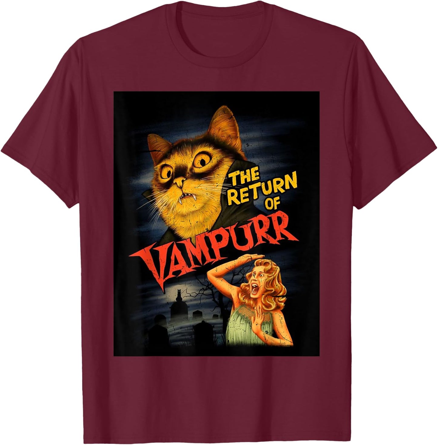 Cat Vampire Classic Horror Movie Funny Graphic Shirt T-Shirt - T-Shirt | Maroon