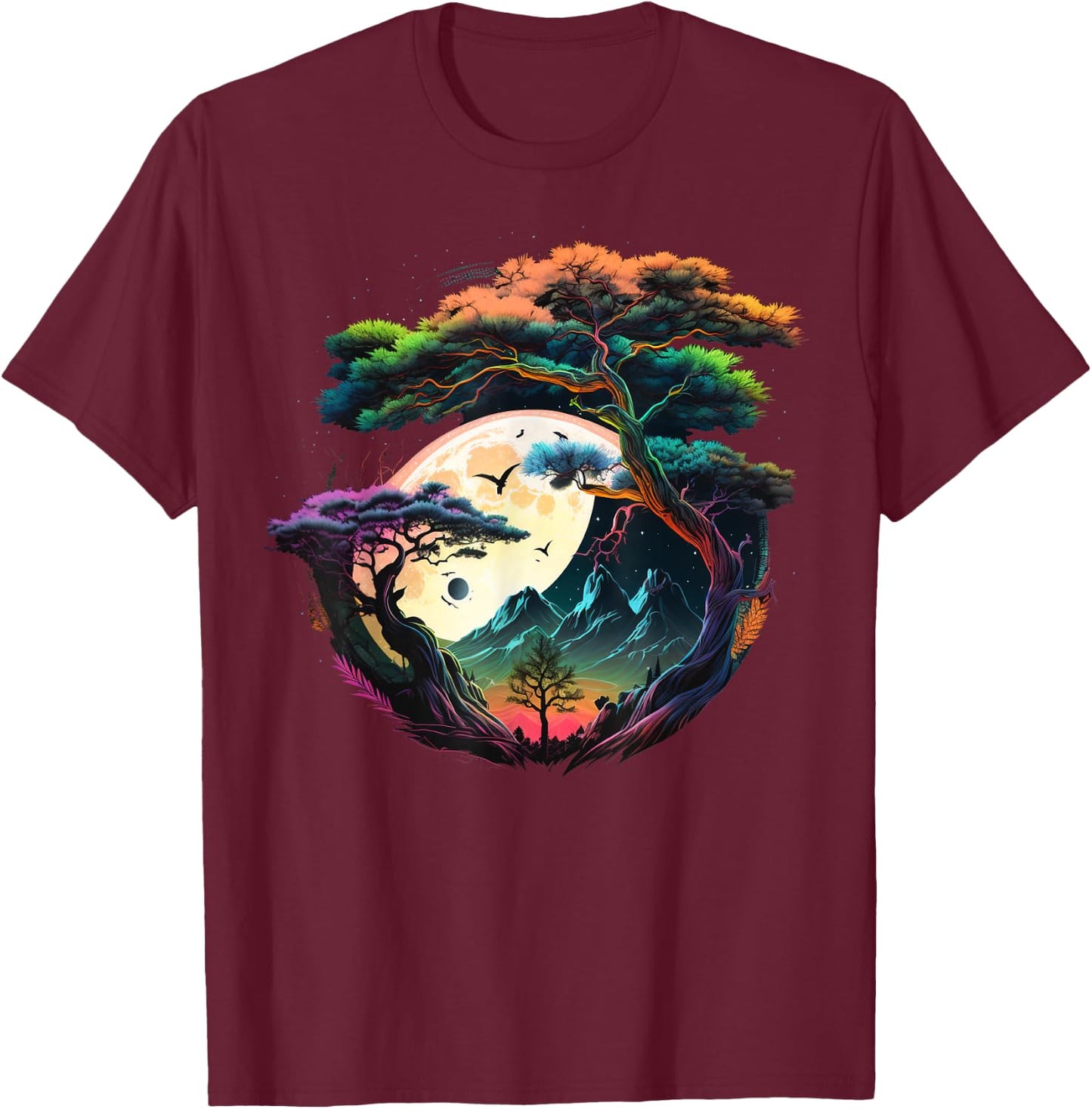 Japanese Moon on Bonsai Tree T-Shirt - T-Shirt | Maroon