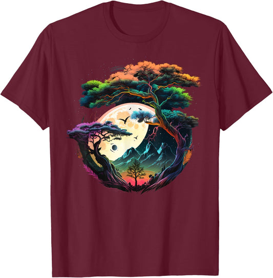 Japanese Moon on Bonsai Tree T-Shirt - T-Shirt | Maroon