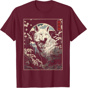 Japanese Hokkaido Wolf and Moon, Nature Art Women, Men T-Shirt - T-Shirt | Maroon