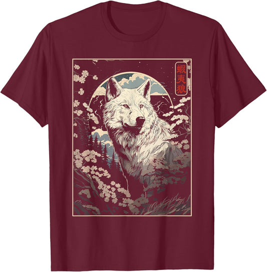 Japanese Hokkaido Wolf and Moon, Nature Art Women, Men T-Shirt - T-Shirt | Maroon