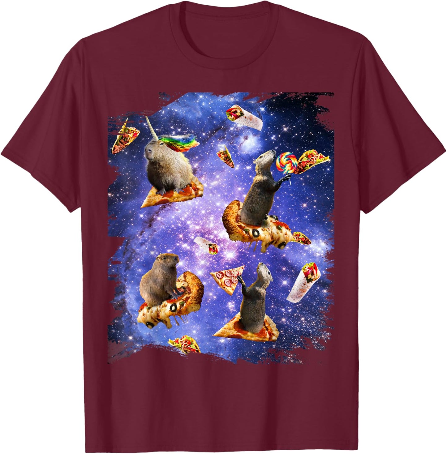 Space Capybara On Pizza Taco, Galaxy Capybaras Funny T-Shirt - T-Shirt | Maroon