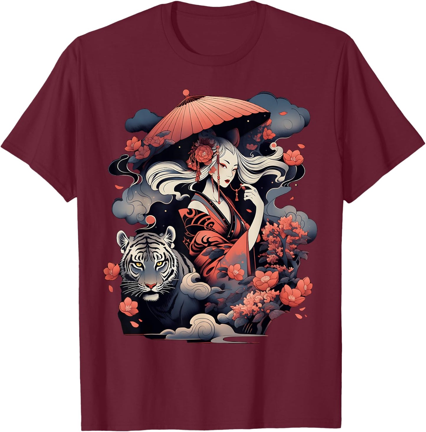 Step Up Your Style Game with This Vibrant Geisha and Tiger T-Shirt - T-Shirt | Maroon