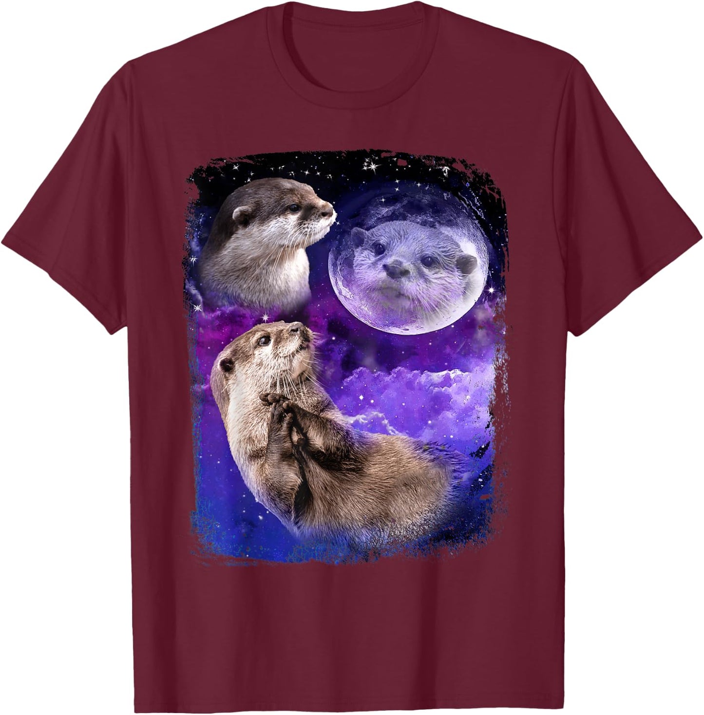 Funny Otter Lover Moon 3 Cute Otters Animals Meme Vintage T-Shirt - T-Shirt | Maroon
