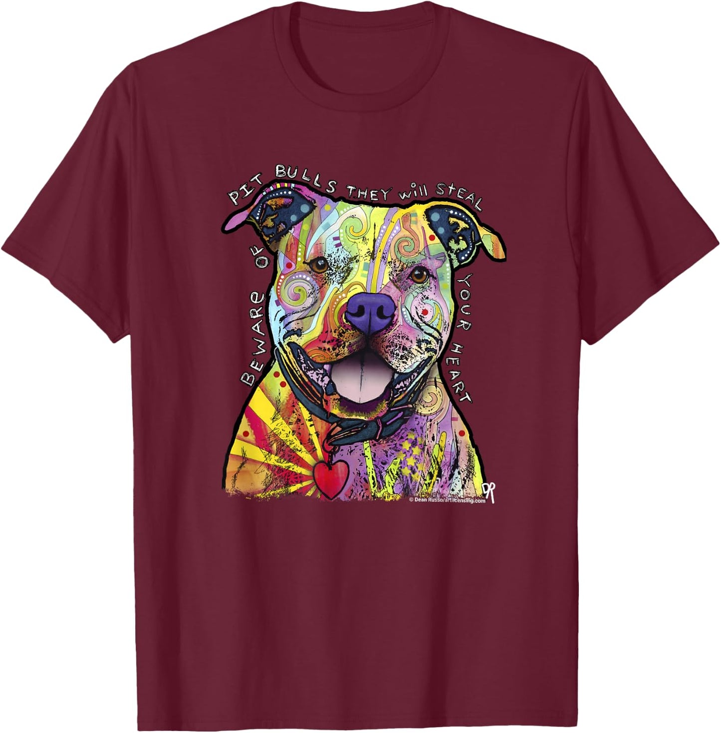 Beware of Pit Bulls, Dean Russo Pitbull Original - Dog Lover Small T-Shirt - T-Shirt | Maroon