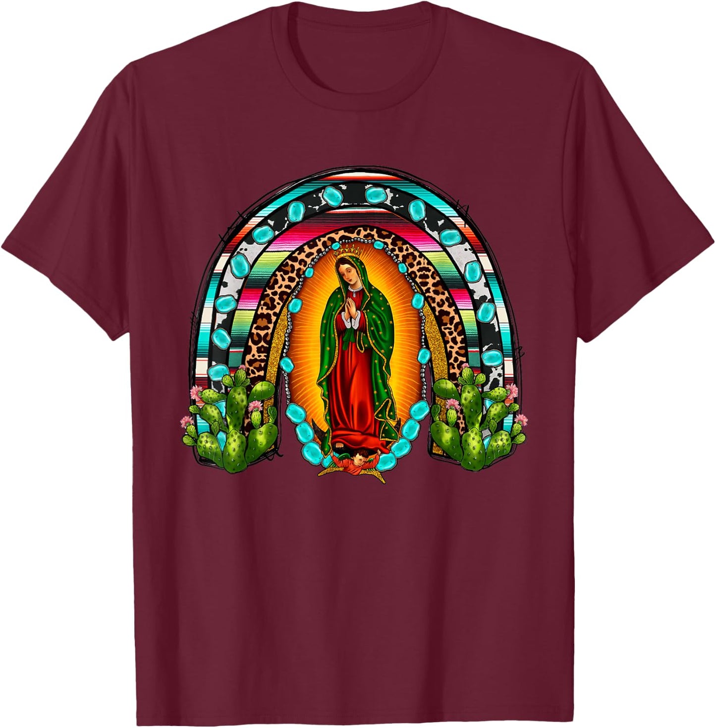 Our Lady of Guadalupe Saint Virgin Mary Serape Rainbow T-Shirt - T-Shirt | Maroon